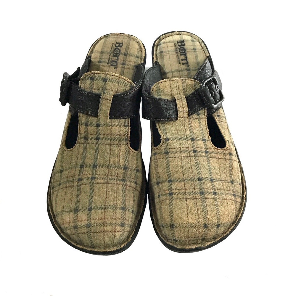 EUC Born Leather Plaid Clogs